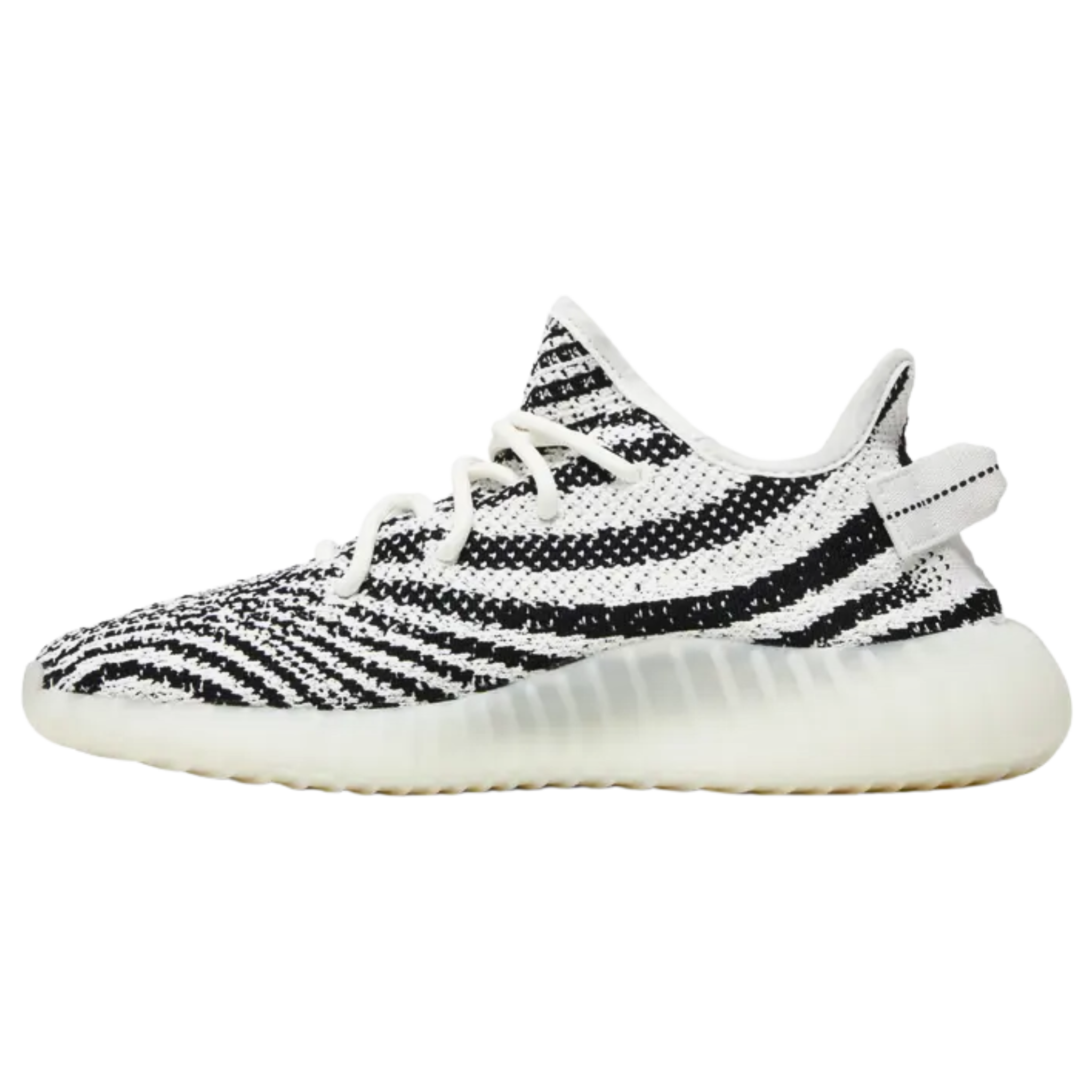 Shop the 2022 reissue of the adidas Yeezy Boost 350 V2 ‘Zebra,’ featuring a white Primeknit upper with black zebra stripes and red SPLY-350 branding. This minimalist sneaker offers a stitched pull tab for easy wear, full-length Boost cushioning, and a semi-translucent TPU cage with a grippy rubber outsole for traction and support.