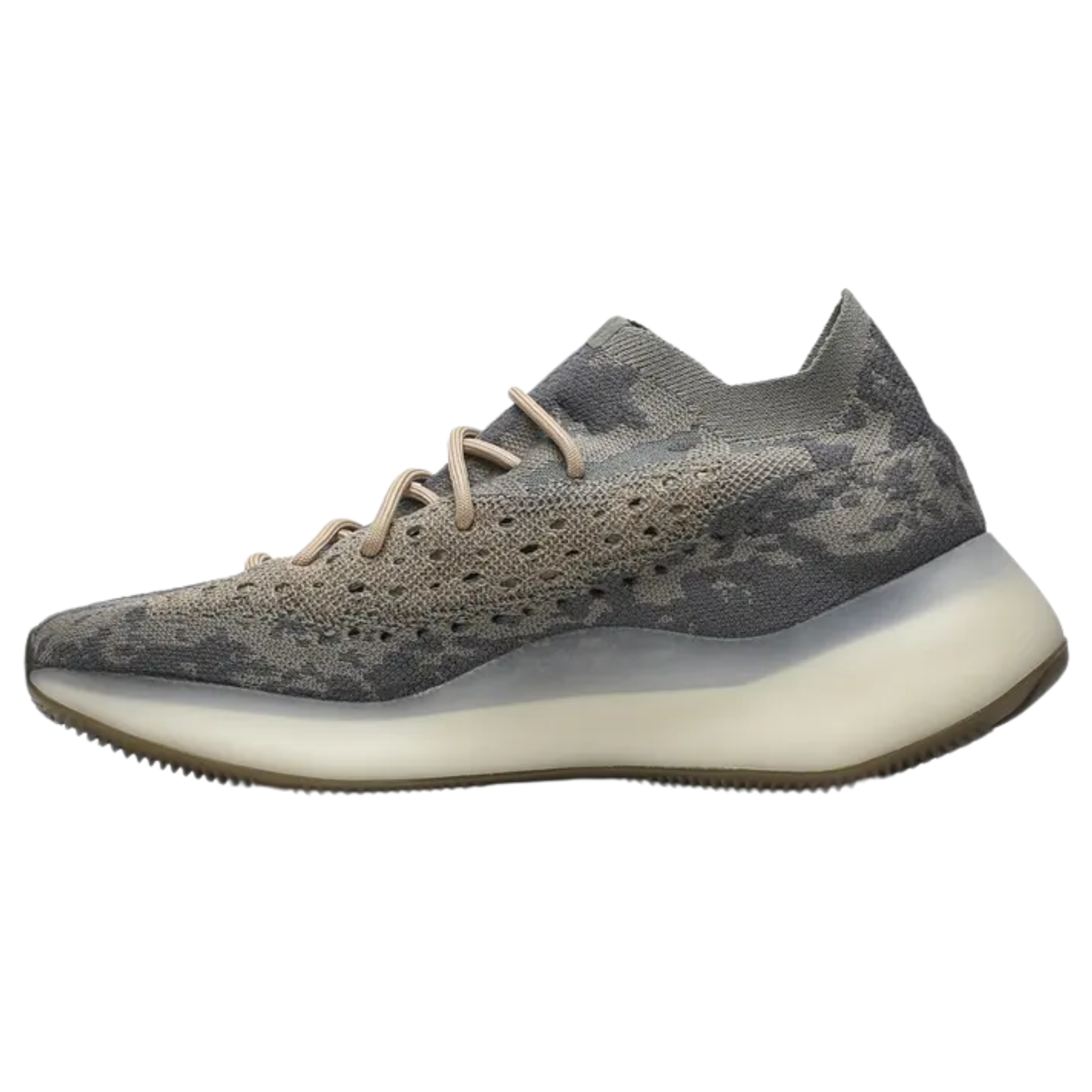 Shop the adidas Yeezy Boost 380 ‘Mist Non-Reflective,’ featuring a breathable Primeknit upper with a camo-like pattern in neutral grey and tan hues. The sock-like collar, integrated rope laces, and perforated side panels ensure comfort and breathability. The sneaker features a semi-translucent rubber cage over the full-length Boost midsole, with a gum rubber outsole for enhanced traction.