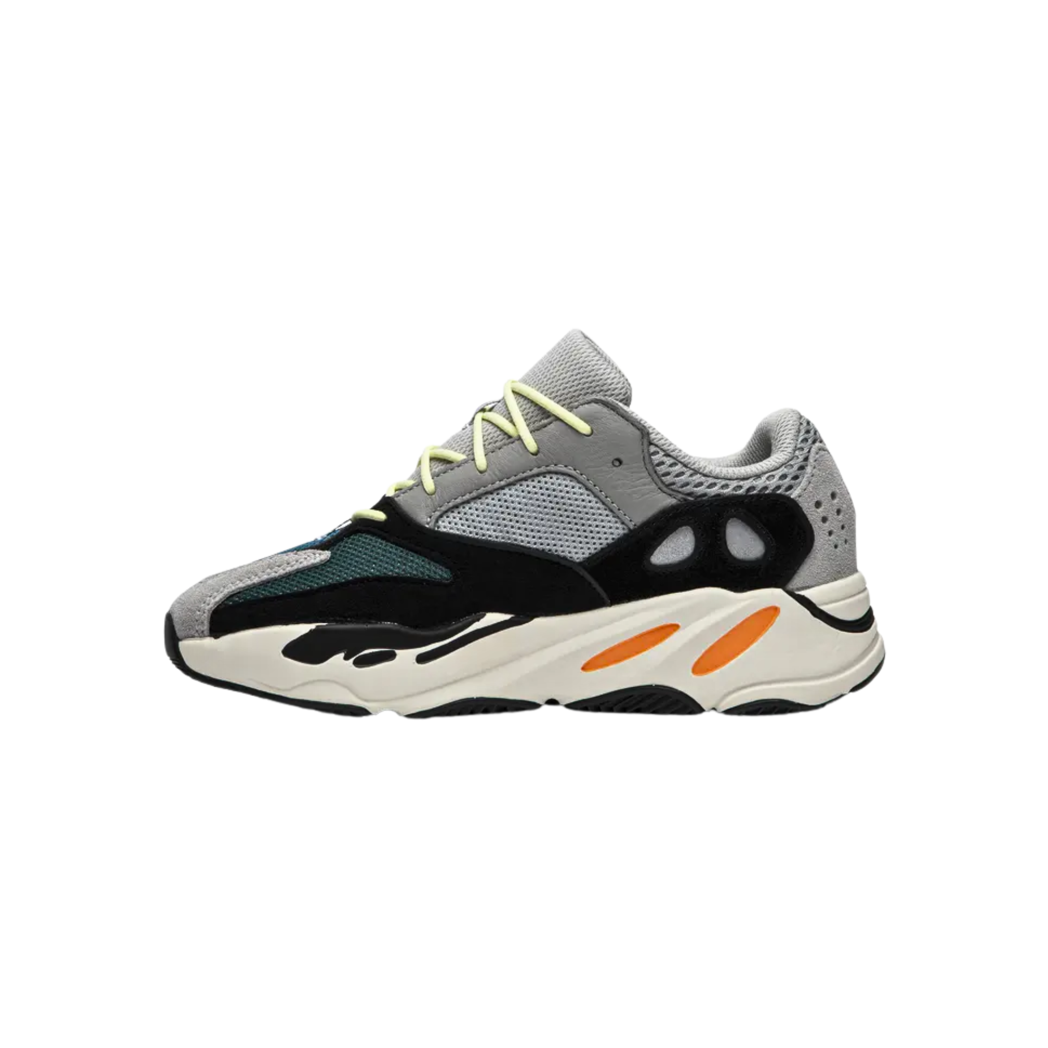Shop the 2024 adidas Yeezy Boost 700 Kids ‘Wave Runner,’ featuring the OG 2017 colorway. The mixed-material upper combines pale grey mesh, reflective three-stripe branding, and contrasting dark teal and aqua blue hues. Black suede overlays reinforce the midfoot, while a full-length Boost midsole ensures comfort and support.