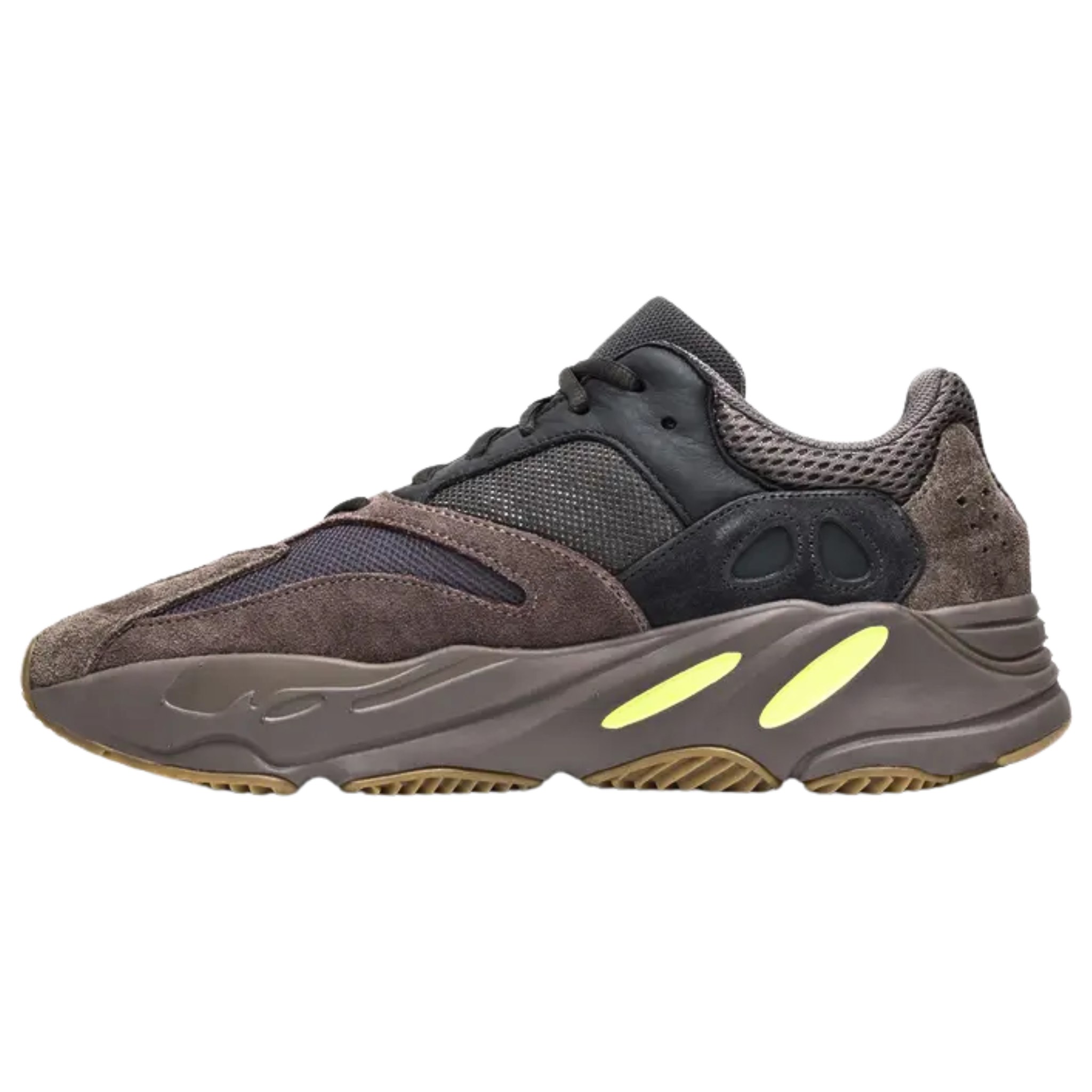 Shop the adidas Yeezy Boost 700 ‘Mauve,’ featuring a multi-layered upper in black and purplish grey with mesh, suede, and textured leather panels. The sculpted midsole is accented with neon green, while subtle exterior branding includes Three-Stripes on the quarter panel and an embossed adidas logo on the outsole.
