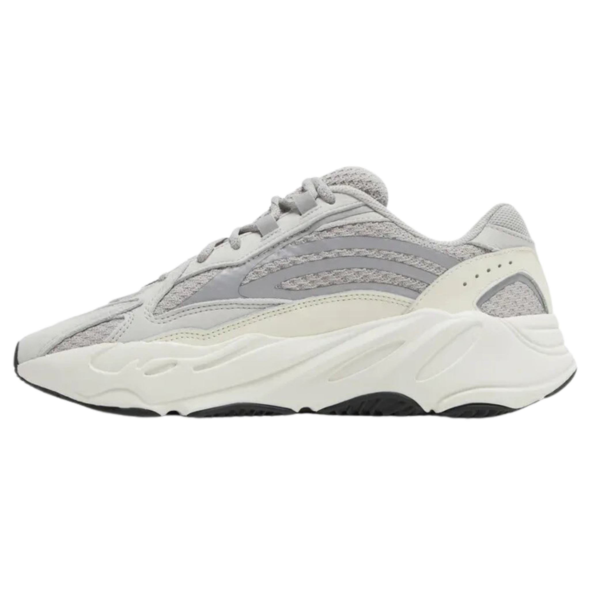 Shop the Yeezy Boost 700 V2 ‘Static’, an updated version of the original Wave Runner. Featuring a neutral colorway with grey and white tones, the upper combines mesh, reflective overlays, and leather paneling. The bulky white midsole is paired with a black rubber outsole for added support and style.