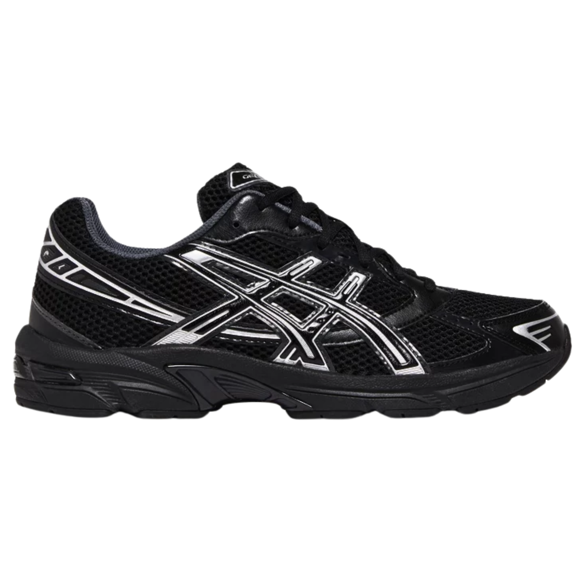 The ASICS Gel 1130 'Black Pure Silver' features a black open-cell mesh upper with tonal synthetic leather overlays. Metallic silver accents highlight the signature tiger stripes, toe wrap, and heel overlay, while grey textile lines the collar for a sleek, neutral look. The sneaker offers lightweight cushioning with a solid black EVA midsole and a shock-absorbing Gel insert in the heel for added comfort and support.