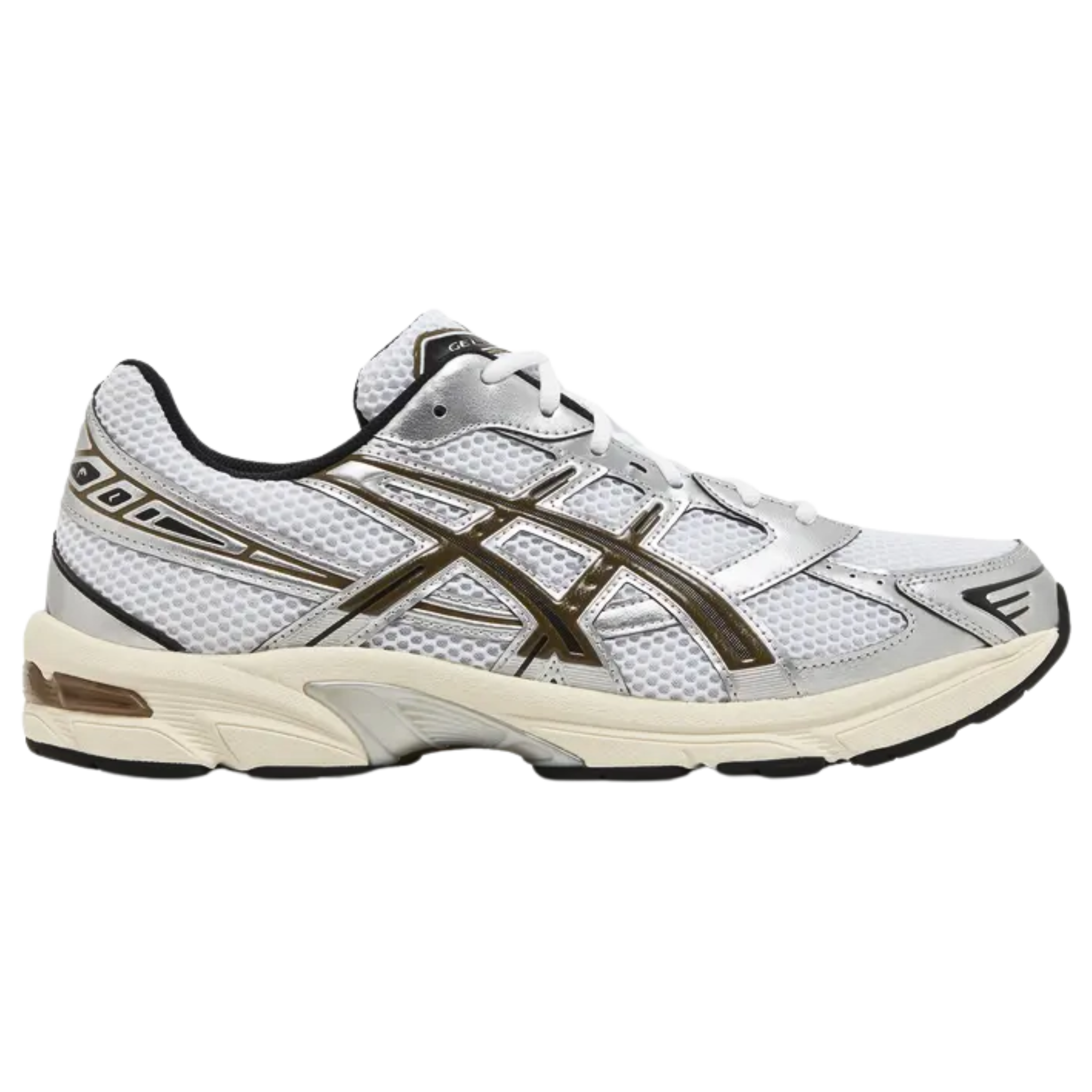 The ASICS Gel-1130 'White Clay Canyon' features a breathable white mesh upper with light brown synthetic leather overlays and contrasting clay-colored tiger stripes. ASICS branding is displayed on the tongue and sockliner. The sneaker is built on a lightweight EVA midsole with visible Gel cushioning in the heel for superior comfort. The durable rubber outsole is equipped with ASICS' TRUSSTIC support system, providing added stability and performance.