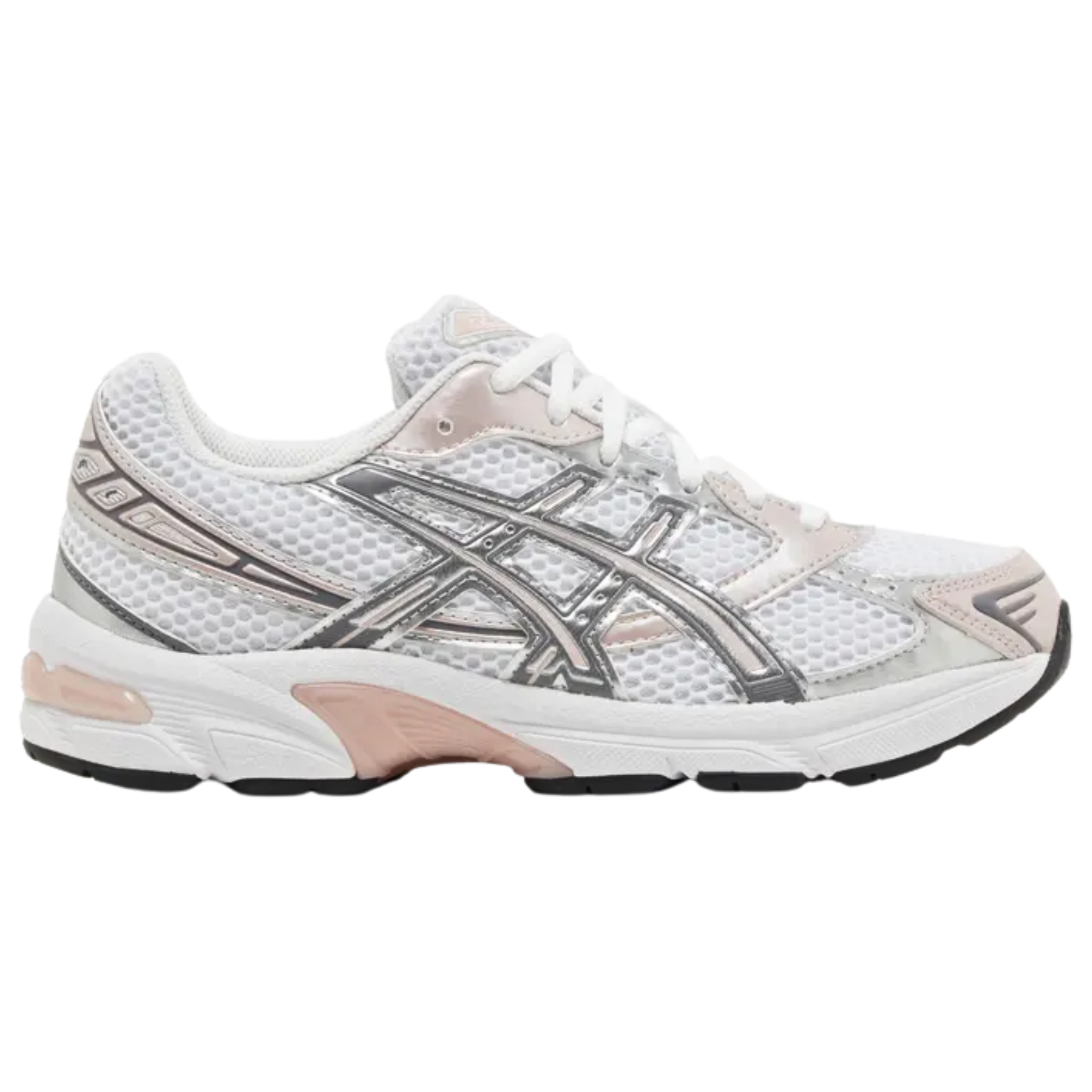 Step into comfort with the ASICS Women's Gel 1130 'White Neutral Pink,' featuring a white mesh upper with metallic silver and dusty rose synthetic overlays. The shoe is equipped with a pink Gel insert in the heel for cushioning and sits on a supportive EVA midsole. A split rubber outsole with TRUSSTIC technology ensures enhanced midfoot stability for a smooth, stable ride.
