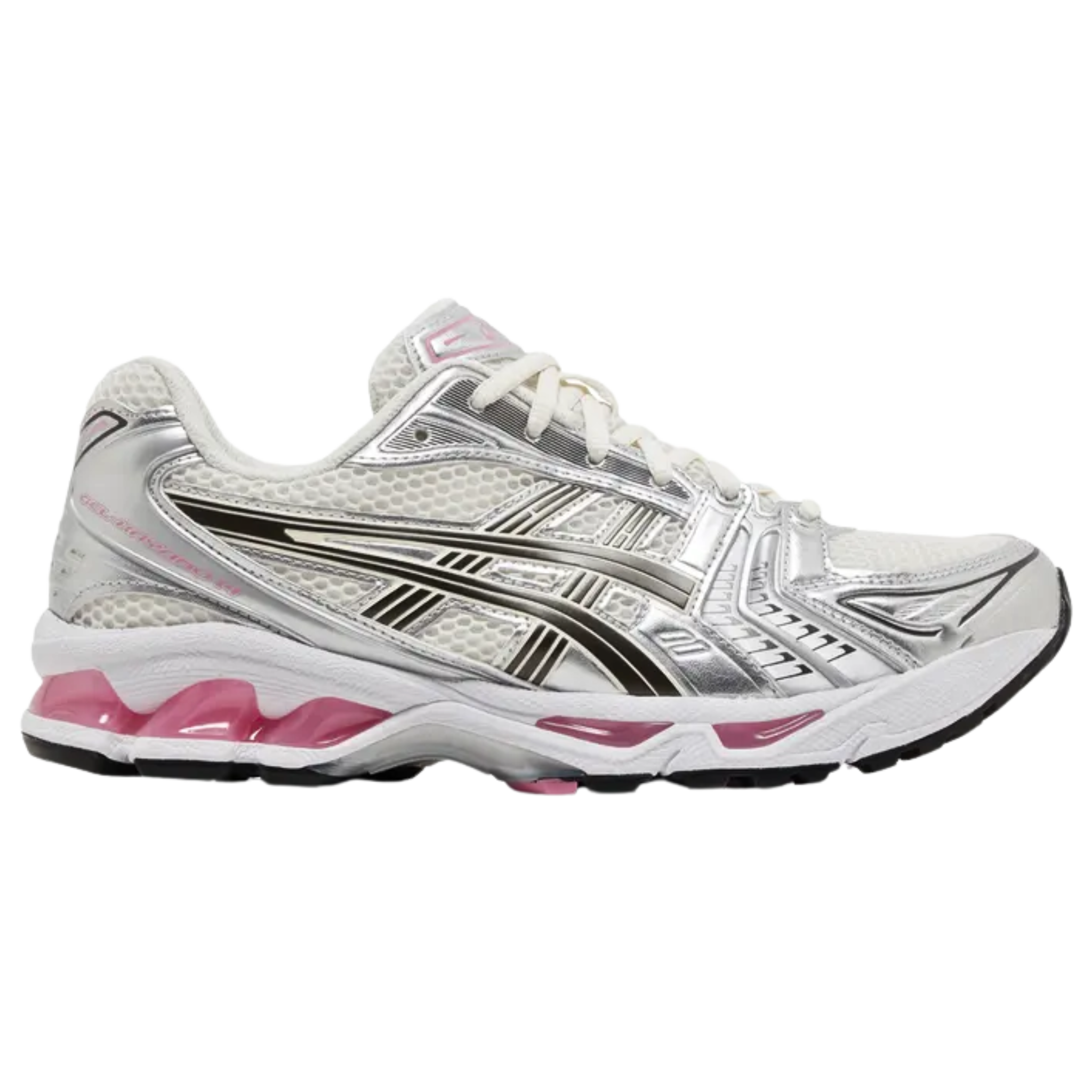 The ASICS Gel Kayano 14 'Cream Sweet Pink' sneaker showcases an off-white open-cell mesh upper with metallic silver synthetic leather overlays. Black lines accentuate the signature side stripes, while vibrant pink highlights the branding on the tongue and heel. The retro-inspired runner features a white foam midsole with visible Gel cushioning in a hot pink tint. A flexible rubber outsole with flex grooves and an exposed TPU shank provide enhanced support and durability.