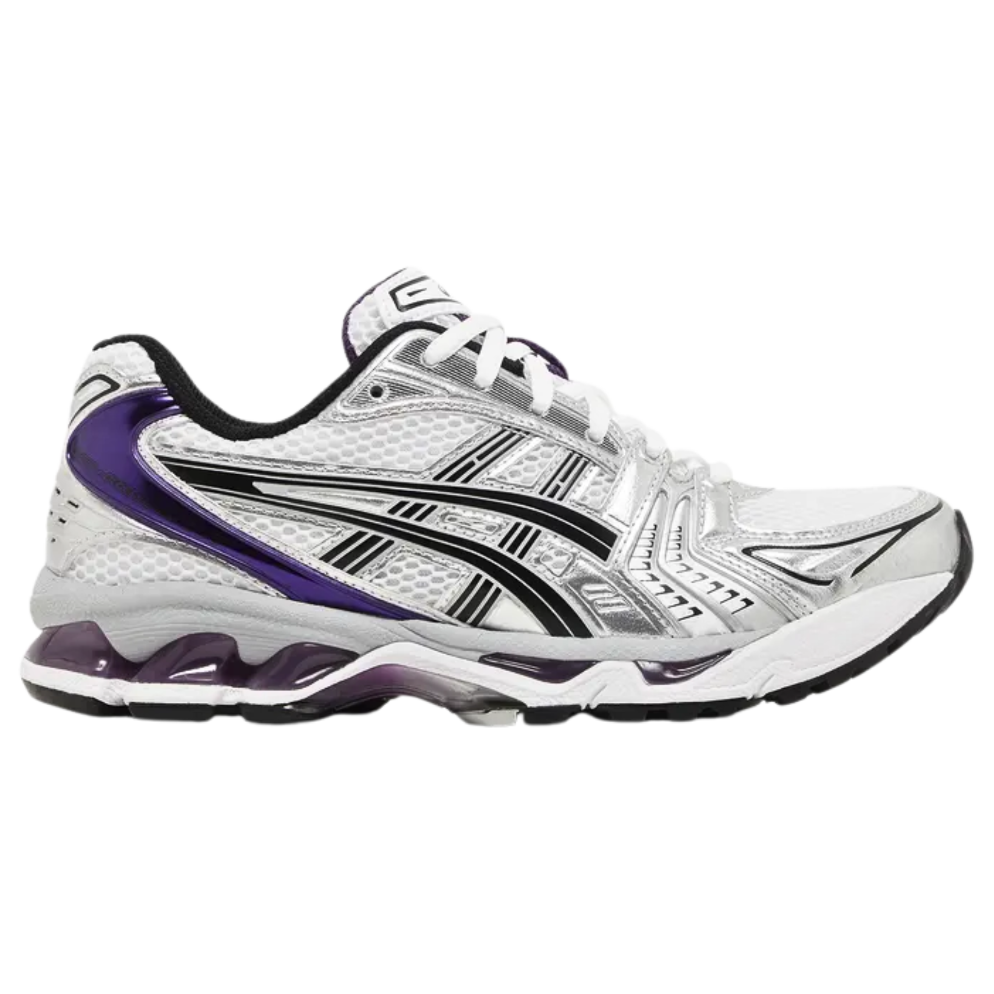 The ASICS Women's Gel Kayano 14 'Silver Grape' sneaker features a breathable white mesh upper with metallic silver synthetic leather overlays. Black arcing lines create the signature tiger stripes, while a metallic violet curved heel overlay adds contrast. The sneaker offers lightweight cushioning with a two-tone foam midsole, enhanced by purple-tinted Gel inserts in the forefoot and heel for superior comfort and support.