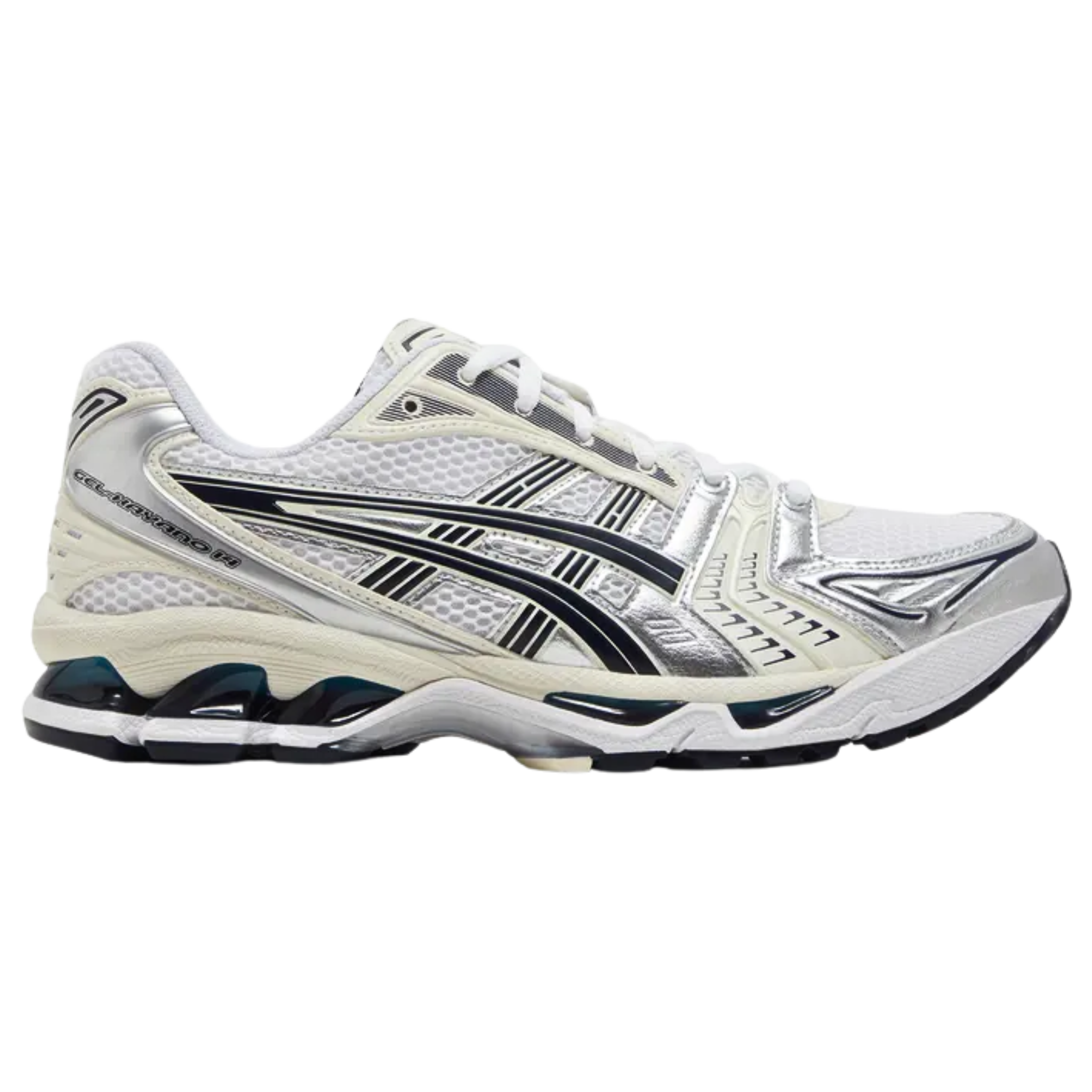 The ASICS Women's Gel Kayano 14 'White Midnight' features a white open-cell mesh upper with cream and metallic silver synthetic leather overlays. Dark grey lines create the signature tiger stripes, while ASICS branding adorns the tongue tag and sockliner. The sneaker offers visible Gel cushioning in the lightweight EVA midsole, providing enhanced impact protection and comfort with every step.