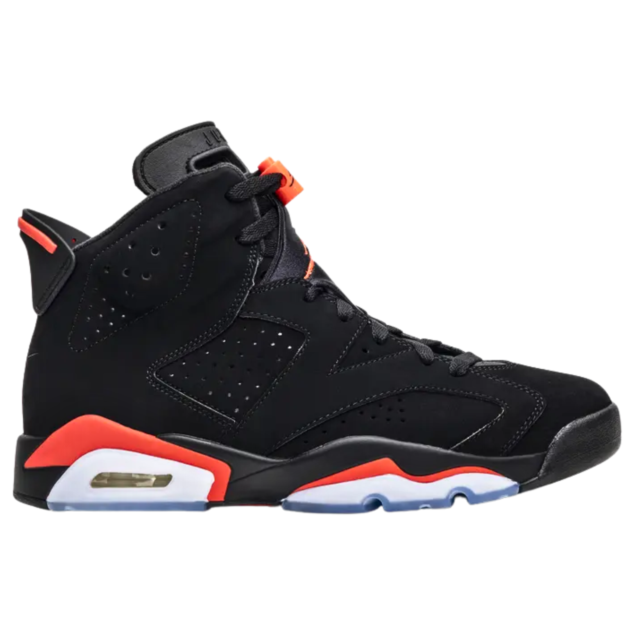 The 2019 Air Jordan 6 Retro ‘Infrared’ features a black nubuck upper with reflective 3M layering, accented by Infrared hits on the midsole, heel tab, and lace lock. Nike Air branding on the heel and sockliner completes the OG-inspired design.
