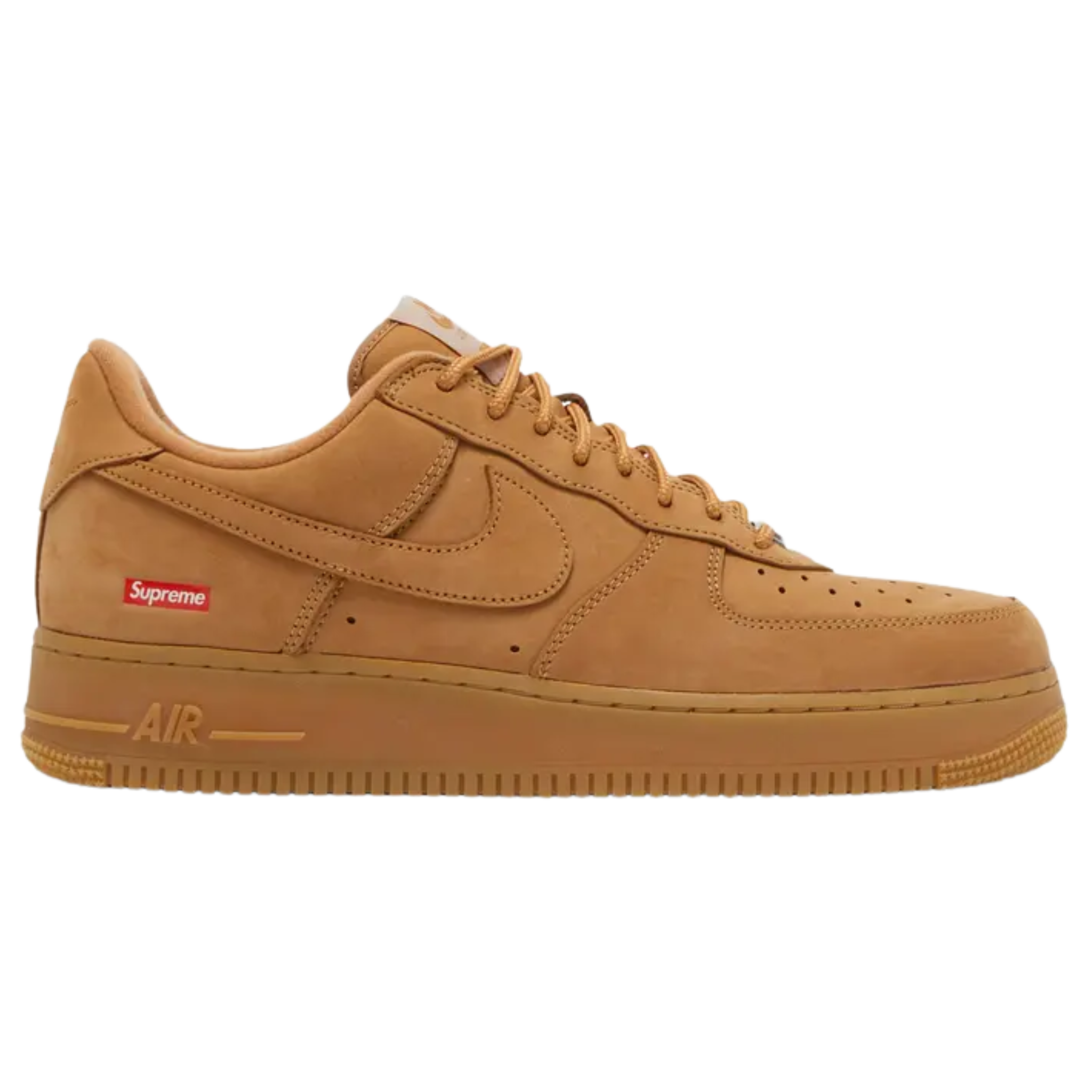 The Supreme x Nike Air Force 1 Low SP ‘Box Logo - Wheat’ features a smooth nubuck upper in a monochrome beige hue, reminiscent of Timberland’s iconic work boots. The sneaker is lined with soft DURAPLUSH and accented with Supreme’s red box logo on the lateral heel. Dual branding appears on the woven tongue tag, sockliner, and metallic lace jewels. The shoe is built on a gum rubber cupsole with Nike Air cushioning in the heel for comfort and support.