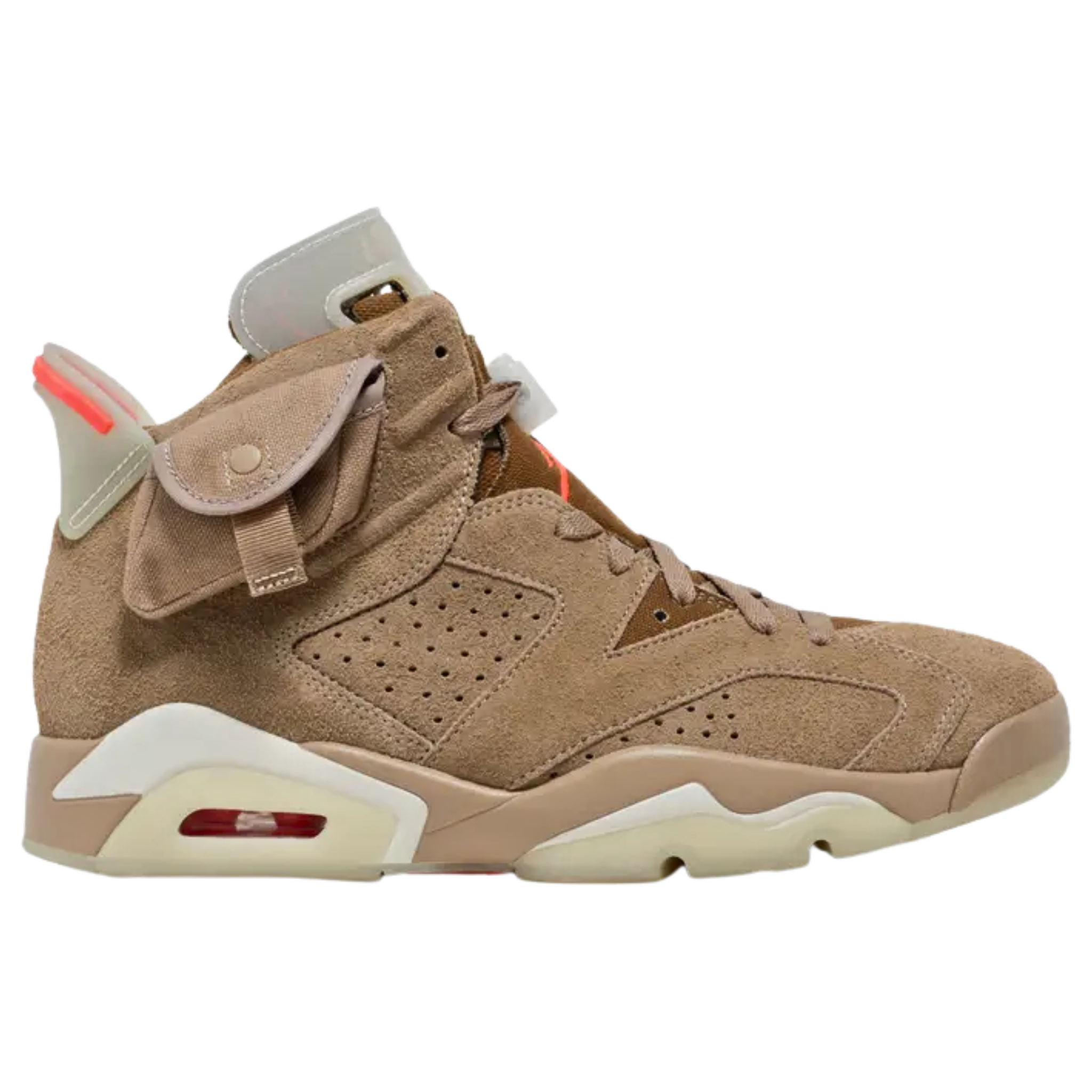 Travis Scott x Air Jordan 6 Retro 'British Khaki' featuring a suede and canvas upper with Bright Crimson accents. The design includes a stash pouch on the lateral collar, zippered detailing on the medial side, and mismatched Nike Air and Cactus Jack branding on the heels. Additional graphics are featured on the midsole, outsole, tongue, and lace lock.