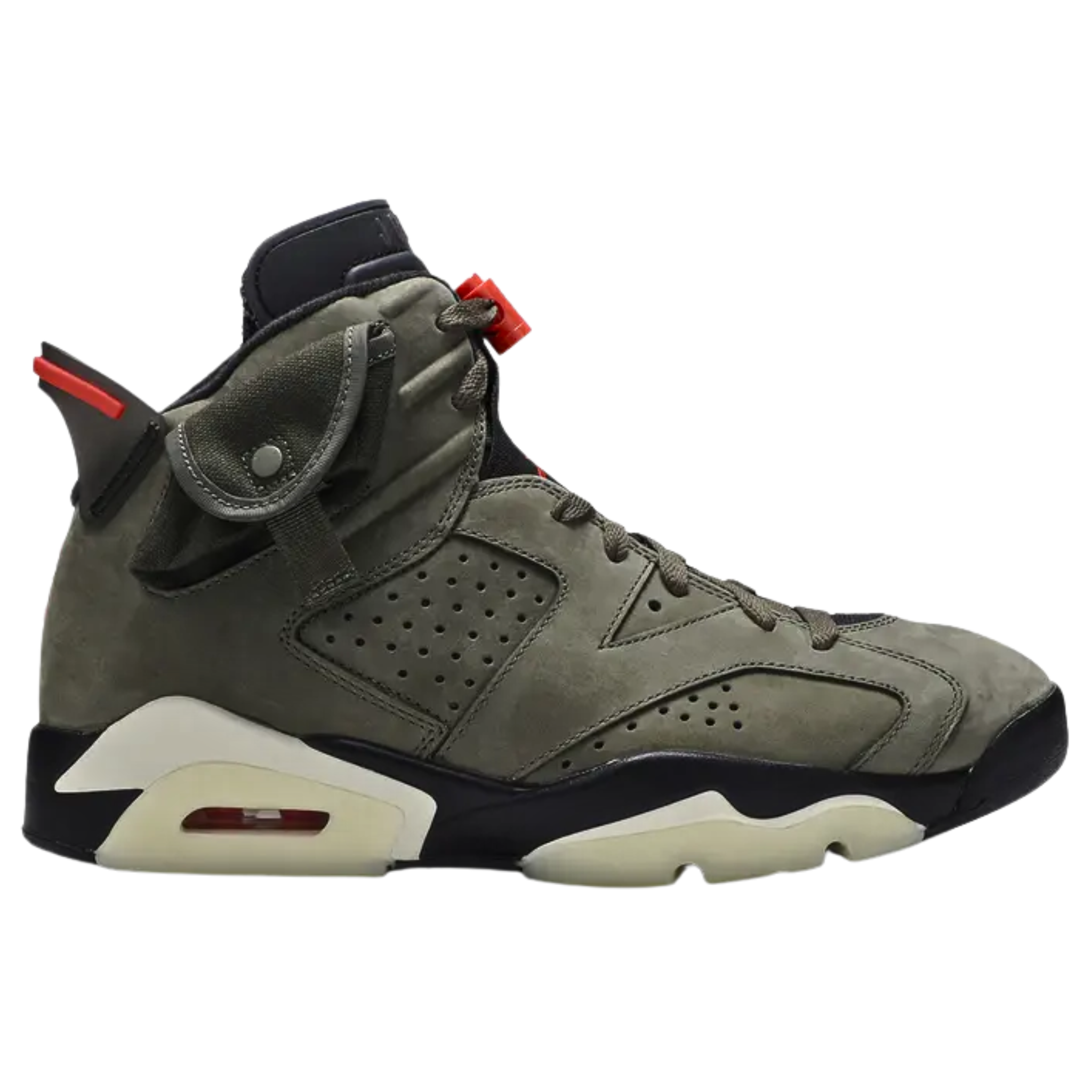 The Travis Scott x Air Jordan 6 Retro 'Olive' features a Medium Olive and black nubuck and suede upper with Sail and University Red accents, a small pocket on the collar, 'Cactus Jack' branding on the heel, and a glow-in-the-dark translucent outsole.