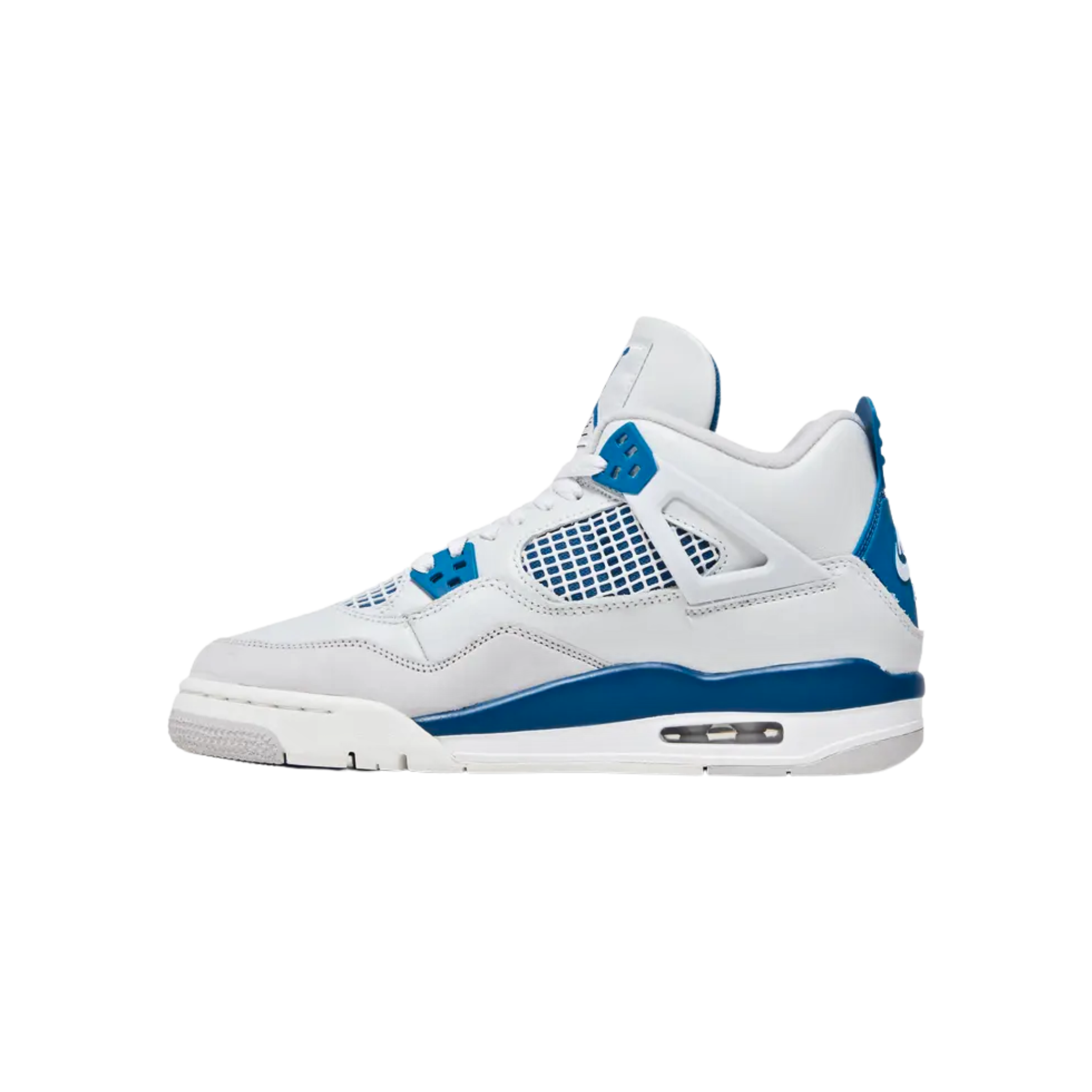 The 2024 reissue of the Air Jordan 4 Retro GS ‘Military Blue’ features an off-white leather upper with TPU support wings, blue accents on the eyelets, tongue tag, and back tab with Nike Air branding, and a polyurethane midsole with exposed Air-sole cushioning in the heel.