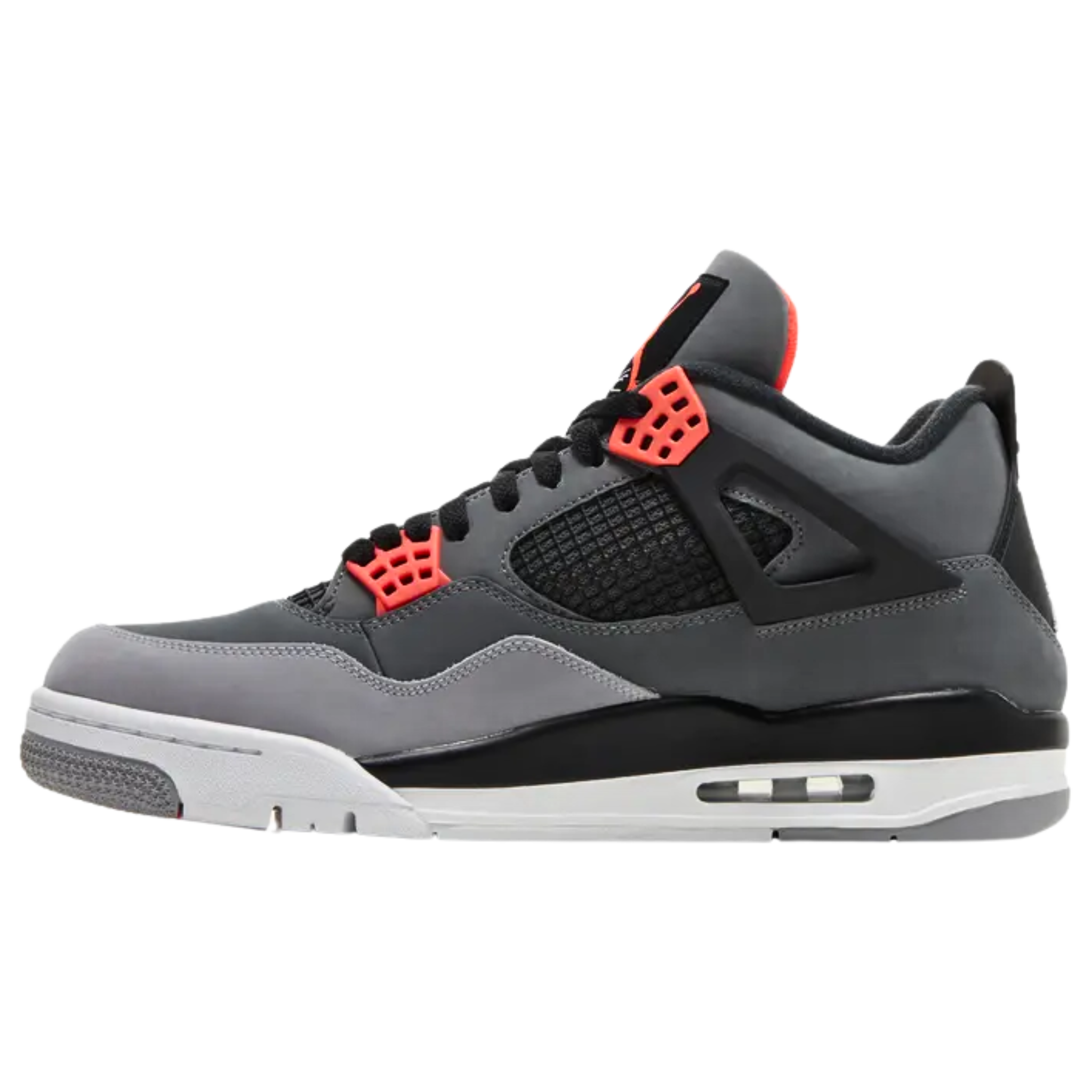 Air Jordan 4 Retro ‘Infrared’ featuring a charcoal nubuck upper with a lighter grey forefoot overlay, black accents on the quarter panel netting, structural wings, and Jumpman-branded heel tab. The sneaker includes infrared accents on the woven tongue tag and molded eyelets, with a polyurethane midsole featuring visible Air-sole cushioning in the heel.